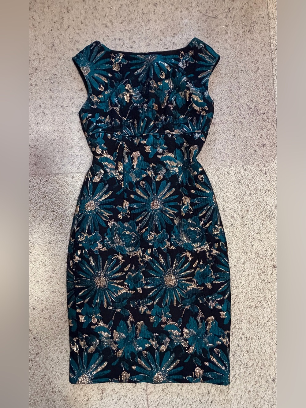 Trina Turk Teal and Gold Floral Jacquard Midi Dress